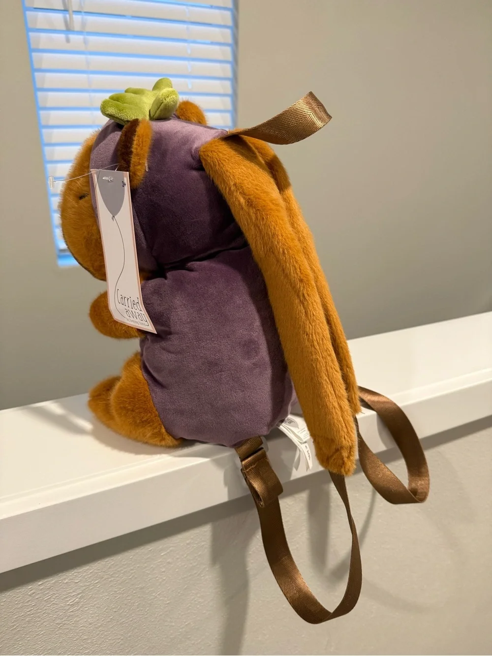 Capybara wearing Eggplant costume backpack